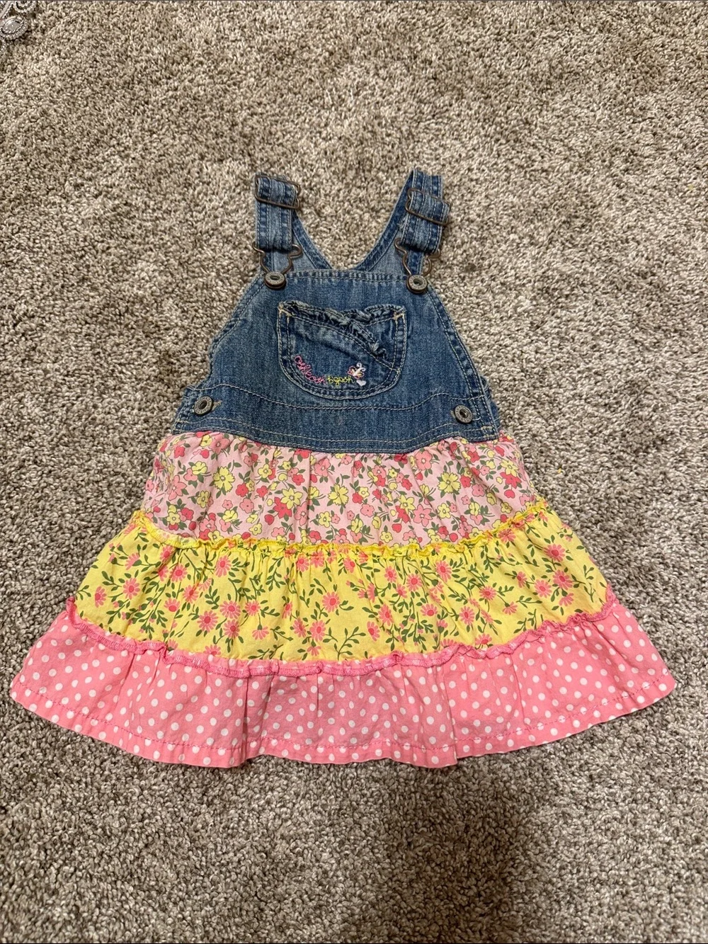 Girls Denim Overall Skirt with Pink and Yellow Floral Tiered Skirt